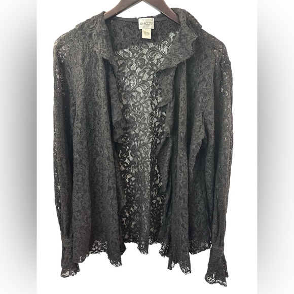 Chico's Sweaters - Chico’s Black Lace Cardigan Open Draped Ruffled Size 3, XL Formal Career Party